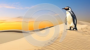 Penguin Standing Tall On Sand Dune With Vibrant Colors - Lifelike Uhd Image
