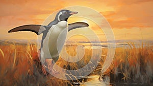 Abstract Oil Painting Of A Penguin Landing In A Marsh photo