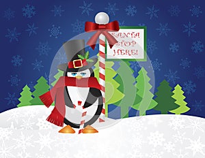 Penguin Top Hat at Santa Stop Here Sign