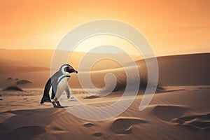 The penguin walking in the desert, a metaphor for the loneliness and helplessness of animals in the face of climate change and photo