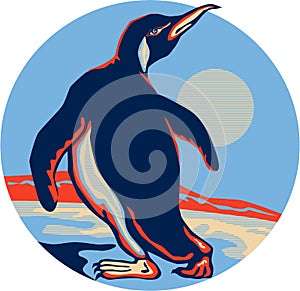 Penguin Walking Moon Retro