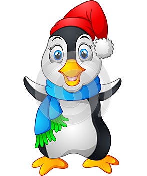 Penguin waving hand wearing red cap