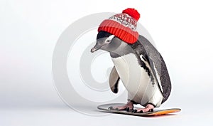 Penguin wearing red winter knitted hat standing on snowboard, on white background with blank copy space.