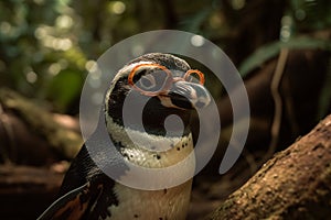 Penguin wearing sunglasses in Amazon rainforest, surrealism, juxtaposition. Generative AI