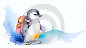 penguin wearing tiny backpack, watercolor splashes, white background. watercolor illustration. concepts: back to school