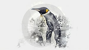 Penguin in winter forest with snow. Double exposure. Generative AI