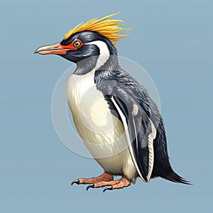 Penguin with yellow hair on its head. The penguin has an orange beak and stands in front of blue background. It appears