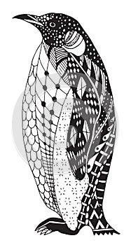 Penguin zentangle stylized, vector, illustration, freehand pencil, hand drawn, pattern.