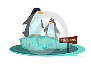 Penguin zoo animal and wooden signboard vector cartoon icon for zoological park