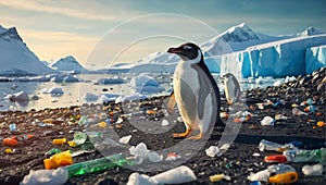 Penguins in Antarctica, garbage problem toxic discarded