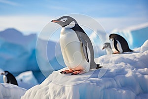 Penguins in Antarctica Gentoo and Chinstrap on an iceberg together