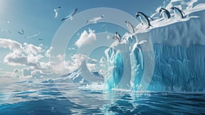 Penguins Birds Jumping Over Iceberg in Ocean