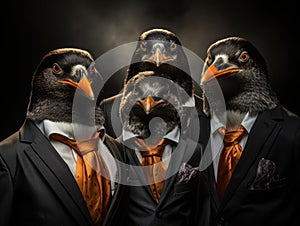 Penguins in business attire having studio meeting