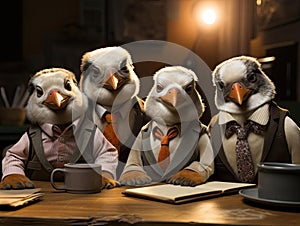 Penguins in business attire having studio meeting