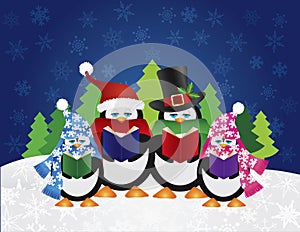 Penguins Carolers with Night Winter Scene