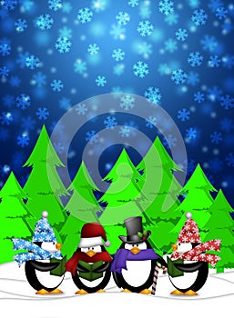 Penguins Carolers Singing in Winter Snowing Scene