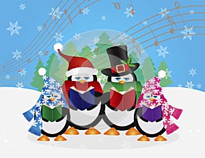 Penguins Christmas Carolers Snow Scene Illustration