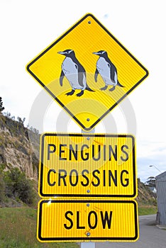 Penguins crossing road sign, Oamaru, NewZealand