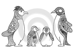 Penguins family line art design for coloring book for adult , T - shirt design and other decorations