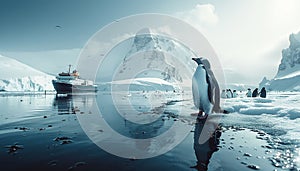 Penguins floating on small ice floe with Research vessel moving by polar sea waters during long polar day. Climate change, Global