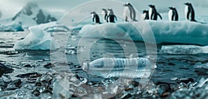 Penguins flock swimming on ice floe in cold Antarctic sea waters with plastic bottle waste. Beauty in Nature, ocean pollution,