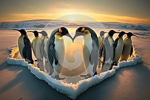 Penguins forming a heart. Generative AI.