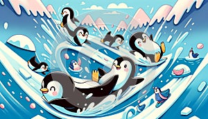 Penguins having fun on a water slide