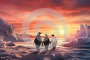 Penguins on the ice floe at sunset. 3d render, A family of penguins navigating through an icy landscape at sunset, AI Generated