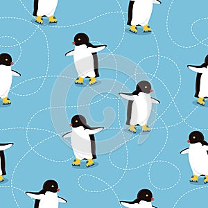 Penguins on Ice-skates Seamless Pattern Vector