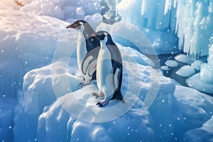 Penguins on the iceberg, antarctica, bird and animal, top view, illustration. Generative AI