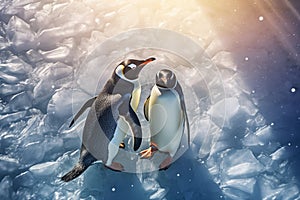 Penguins on the iceberg, antarctica, bird and animal, top view, illustration. Generative AI