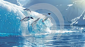 Penguins Jumping and Flying Over an Iceberg