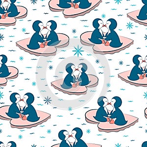 Penguins in love. Seamless pattern. Valentine`s Day.