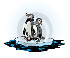 Penguins, melting ice and polluted sea