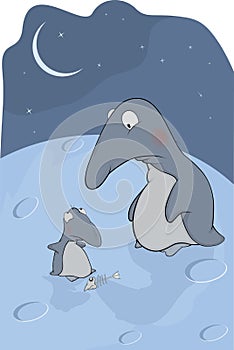 Penguins. Mum and the hungry son. Cartoon