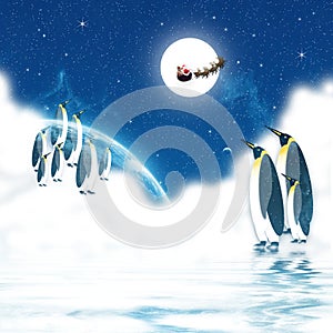 Penguins observing Northern Lights with Santa Claus Flying with Reindeer at night in Artic
