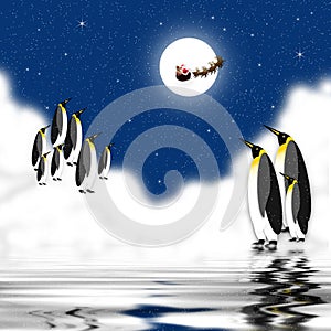 Penguins observing with Santa Claus Flying with Reindeer at night in Artic