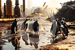 Penguins with oil-stained feathers on the muddy shore after an oil spill. Against the background of industrial waste of a chemical