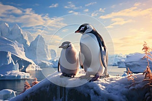 Penguins peaceful moment on icy shore, framed by colossal icebergs