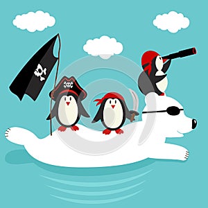 Penguins pirates swim on polar bear