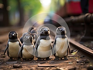 Penguins in police uniforms march together