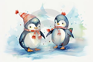 penguins skating on ice, post card