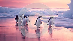 Penguins slides on ice. Generative Ai