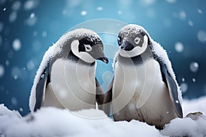 Penguins in snow, black and white feathers showcase unity and warmth