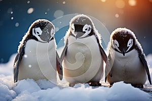 Penguins in snow, black and white feathers showcase unity and warmth