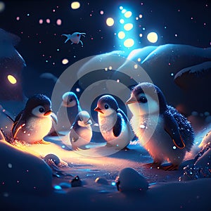 Penguins in the snow. Christmas background. 3D illustration. generative AI