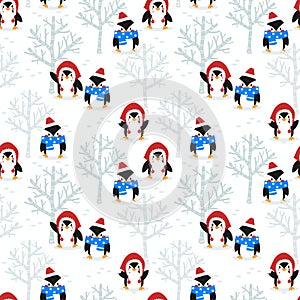 Penguins in Snow Field Seamless Pattern