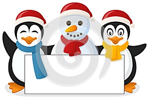Penguins & Snowman with Blank Banner