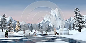 Pinguini nevoso montagna  grafica tridimensionale resa al computer 