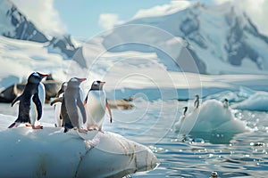 Penguins stand on the icy edge of the ocean shore in Antarctica